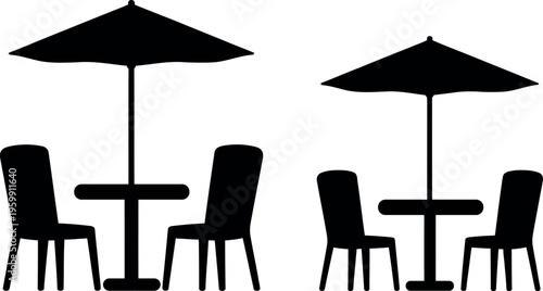 Two outdoor café tables with umbrellas and chairs in a minimalist design