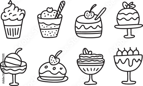 Various sweet desserts including layered cakes puddings and ice cream sundaes in glass bowls set art. Vector illustration