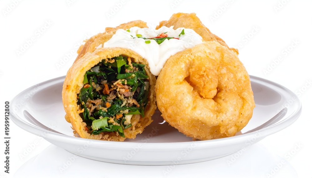 Fototapeta premium Close-up of deep-fried, golden pastries cut open, showcasing a vibrant filling with green herbs and vegetables, and a dollop of white cream on a white plate