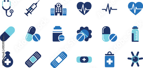 Medical icons, healthcare symbols, blue vector graphics, medical signs