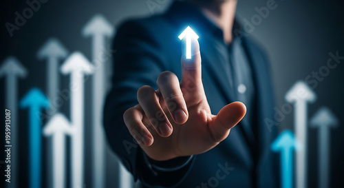 Business growth concept with upward arrow icon being touched by executive hand pointing towards success