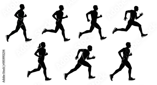 Silhouettes of runners in motion, diverse group, athletic activity, dynamic poses