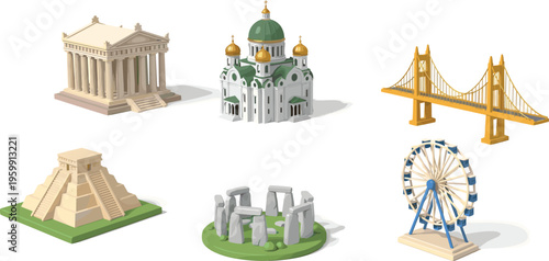 Famous landmarks from around the in 3 D isometric style buildings