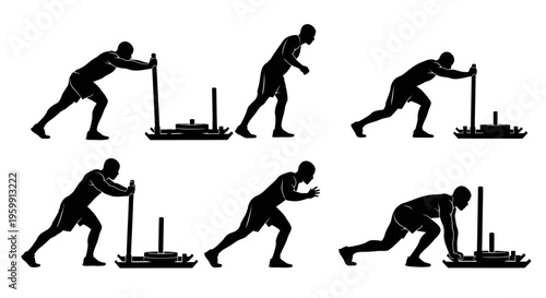 Fitness Silhouette: Man Pushing and Pulling Weight Sled Exercise Sequence