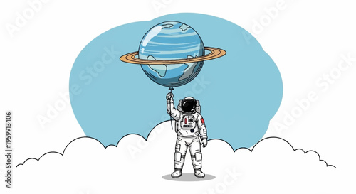 Astronaut standing on clouds reaching for planet saturn with rings in sky
