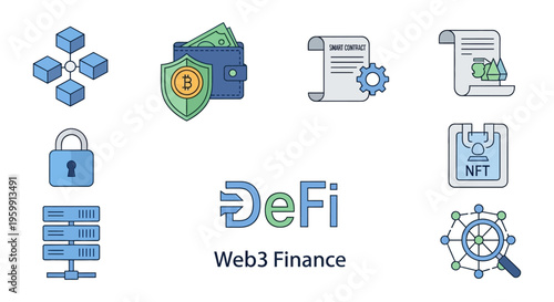 Decentralized Finance (DeFi) Web3 Icons: Blockchain, Smart Contract, NFT, Crypto Wallet, and Digital Assets Concept.