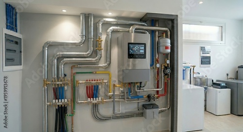 HVAC main unit with pipes and control panel in modern mechanical room