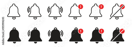 Set of notification bell icon set, alert icon for incoming inbox message, ringing bell and notification number sign for alert and alarm. ector illustration.