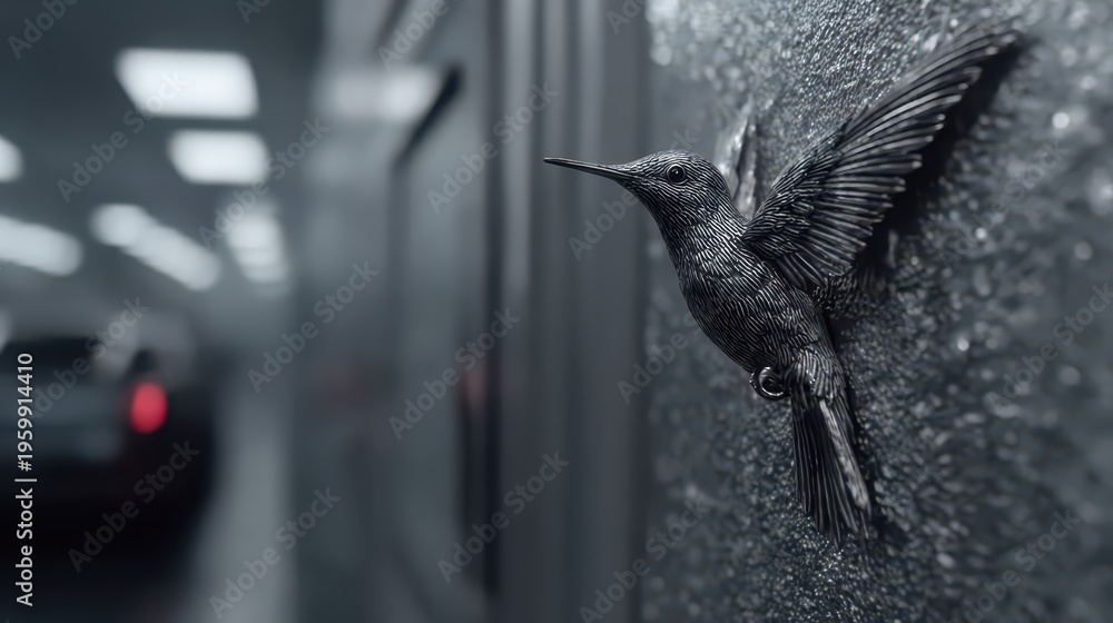 Obraz premium Hummingbird Sculpture in Gray Tunnel: Artistic Precision and Modernity