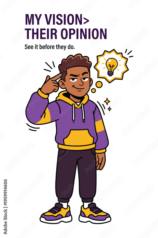 Obraz premium Vision Over Opinion Illustration – Creative Mindset Idea Concept, Motivation Quote Cartoon Character Vector