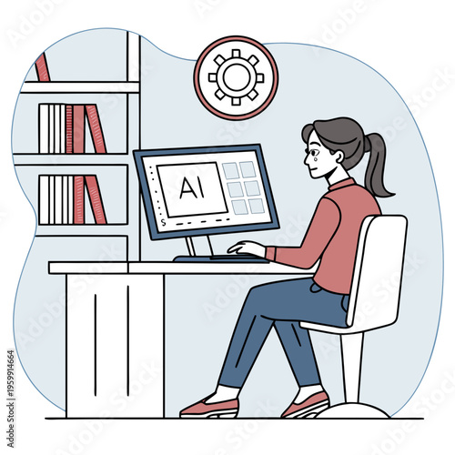 young woman working on laptop. A vector illustration of a woman in office casual attire working with an AI.