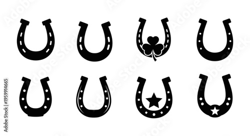 Collection of black horseshoes and lucky charms in a bold silhouette