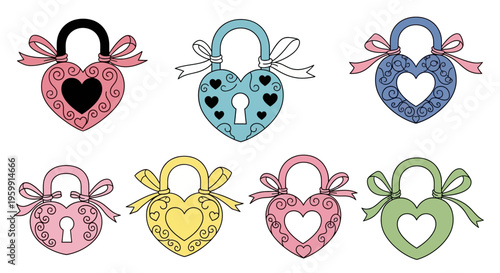 Colorful heart shaped locks with ribbons a charming illustrative silhouette