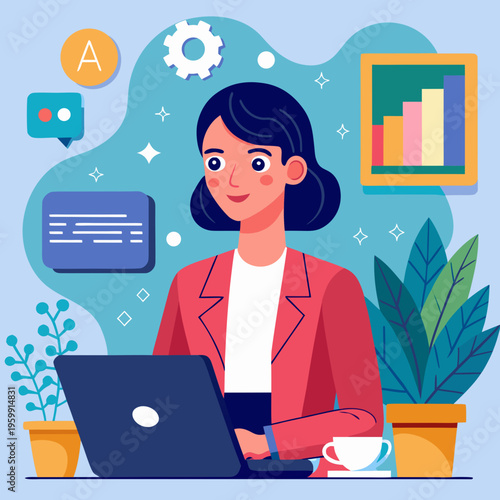business man working on laptop. A vector illustration of a woman in office casual attire working with an AI.