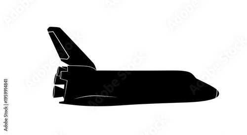 A stark black space shuttle form against a white background silhouette