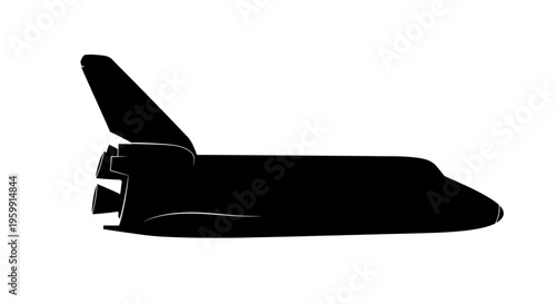 A dark space shuttle illustration against a white background silhouette