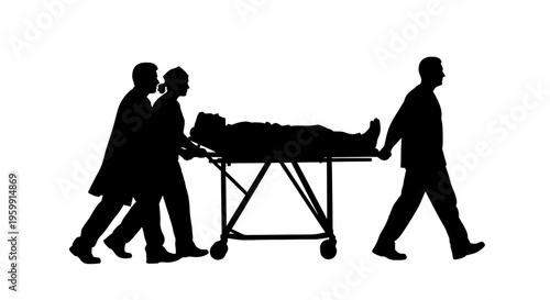 Paramedics transporting a patient on a stretcher a dramatic silhouette
