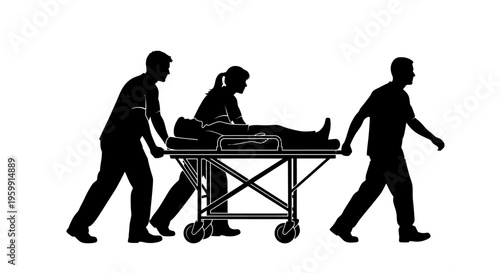 Medical personnel transporting a patient on a stretcher black silhouette