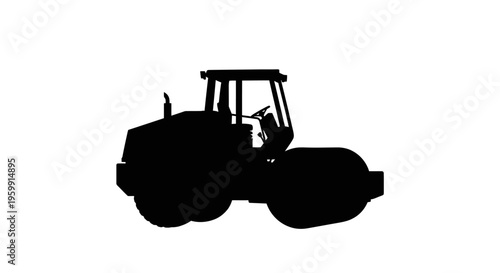 Black silhouette of a steamroller machine against a white background silhouette