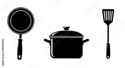 Black kitchen cookware set including a pot pan and turner silhouette