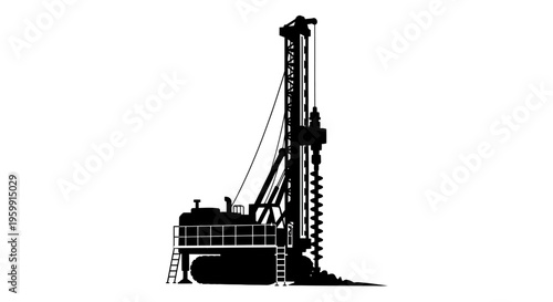 Industrial oil drilling rig depicted in a stark black silhouette