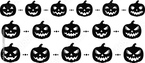 Halloween pumpkin faces silhouette set jack o lantern spooky scary icons vector illustration black collection design
