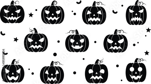 Halloween pumpkin faces set spooky jack o lantern icons scary black silhouette vector illustration collection design