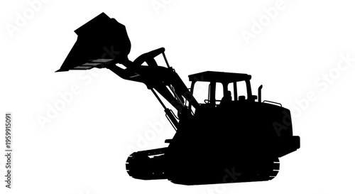Heavy machinery a front loader depicted in stark black silhouette