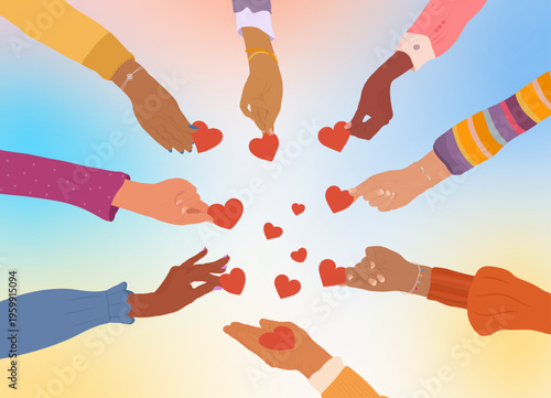 Diverse hands sharing hearts to symbolize charity donation kindness and community care