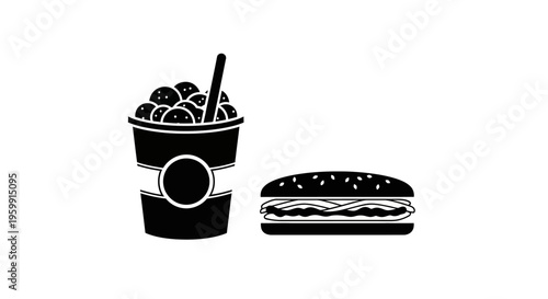 Fast food meal with burger drink and grapes in black silhouette