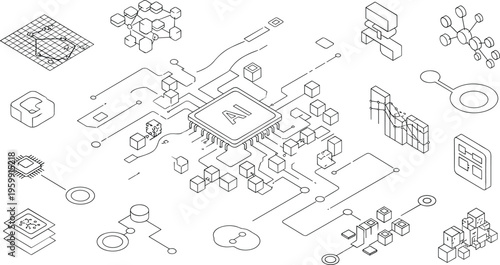 Artificial intelligence isometric vector illustration with data network blocks machine learning system digital technology concept design