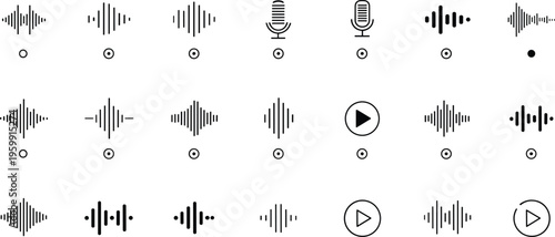 Audio waveform and microphone line icon set with sound recording playback media control vector illustration