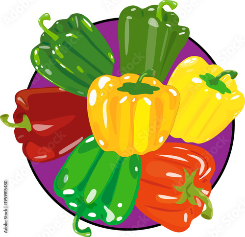 Colorful Bell Peppers Group in a plate Circle. Vector Vegetable Composition Isolated on Transparent Background