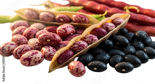 Colorful beans and chili peppers on black background