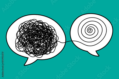 Simplifying Complex Thoughts: From Confusion to Clarity in Speech Bubbles on Teal Background.