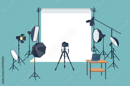 Professional Photo Studio Setup with Camera, Lighting, and White Backdrop on Teal Background.