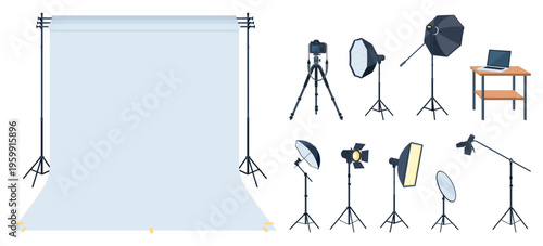Collection of Isolated Photography Studio Equipment on White Background.