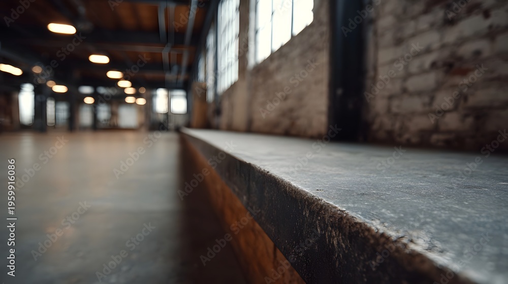 Fototapeta premium A spacious empty industrial loft interior featuring a textured concrete ledge brick walls and large