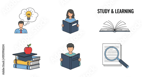Students studying books and learning concepts depicted in a flat design silhouette