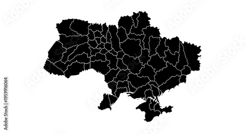 Ukraine Map Silhouette with Administrative Divisions, Black and White