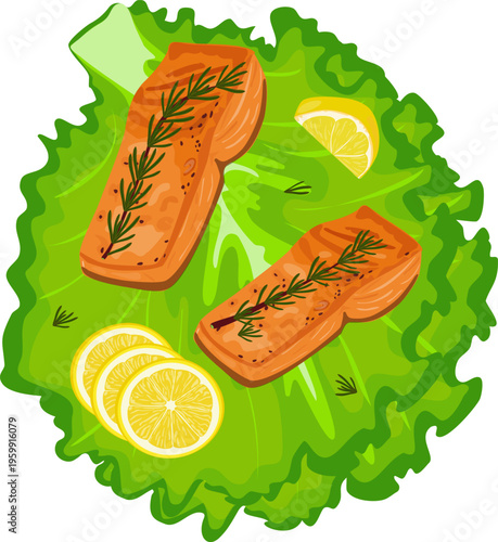 Grilled Salmon Fillets on Lettuce Leaves with Lemon Slices. Vector Seafood Dish Illustration Isolated on Transparent
