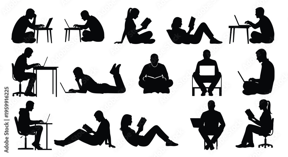 Obraz premium Diverse people using laptops and reading books in various relaxed positions silhouette