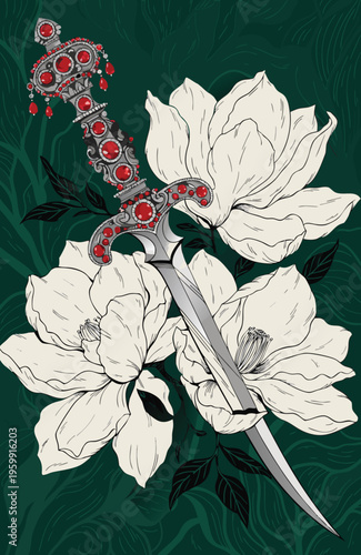 Ornate dagger with red jewels and white flowers on a green background book cover