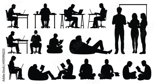 Diverse group of people working relaxing and interacting black silhouette