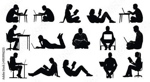 Diverse people using laptops and reading books in various relaxed positions silhouette