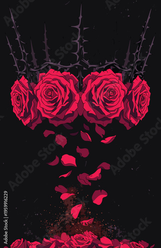 Vibrant red roses with thorns and falling petals book cover