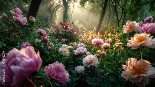 Wallpaper Mural Spring season, garden, flower, fresh, life. A lush garden illuminated by the soft light of the rising sun, with pink and white peonies in full bloom. Torontodigital.ca