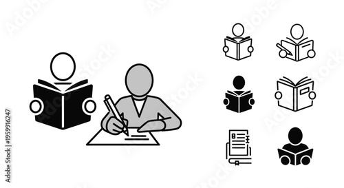 Students reading and writing depicted in simple black and white silhouette