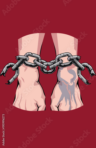 Fists bound by a heavy chain on a maroon background book cover