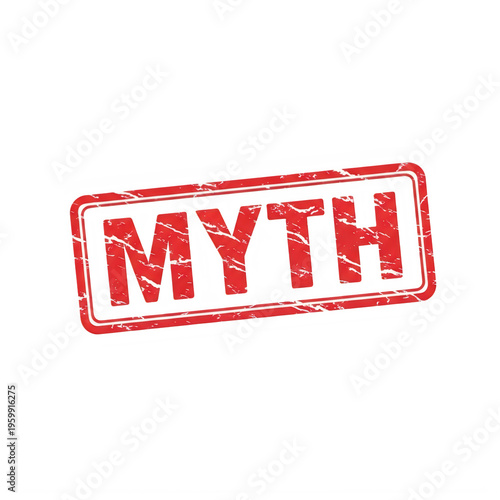 Myth warning stamp with bold red cross and text isolated on transparent background